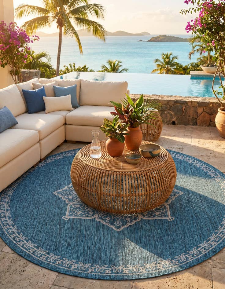 Detail image of 7' 10 x 7' 10 Easy-Clean Traditional Indoor / Outdoor Round Rug