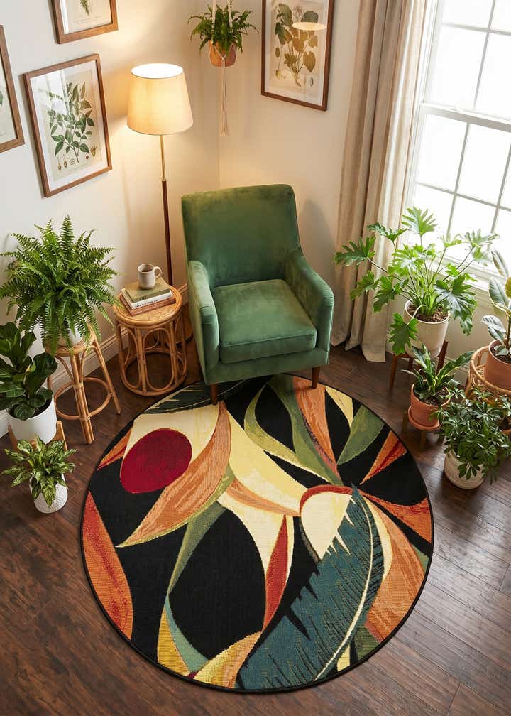 4' x 4' Easy-Clean Botanical Indoor / Outdoor Round Rug