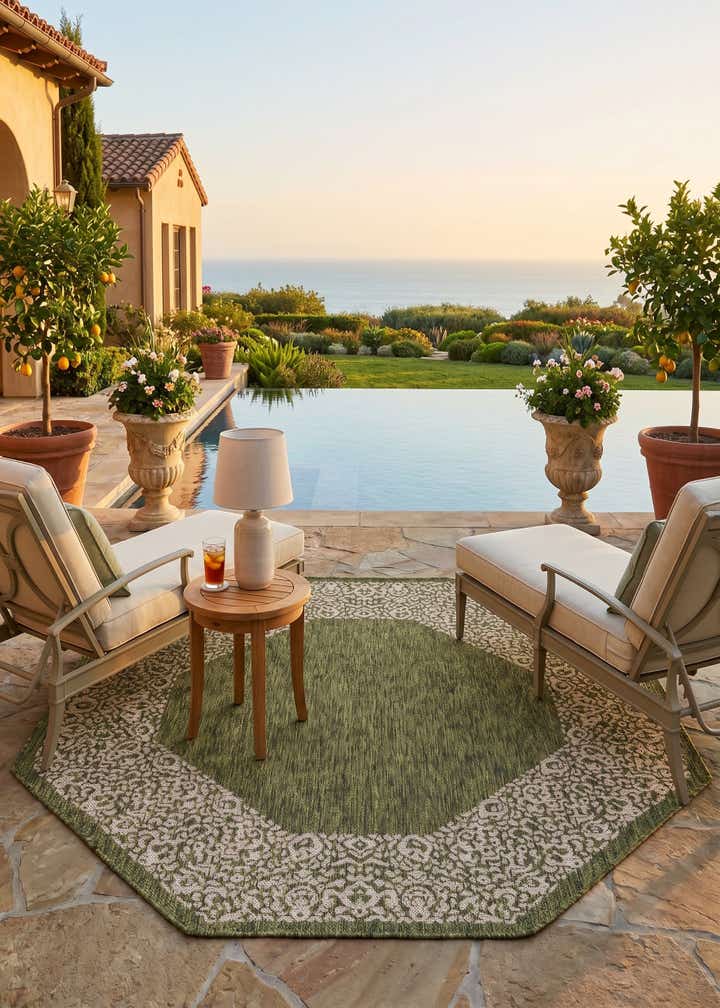 5' 3 x 5' 3 Easy-Clean Border Indoor / Outdoor Octagon Rug