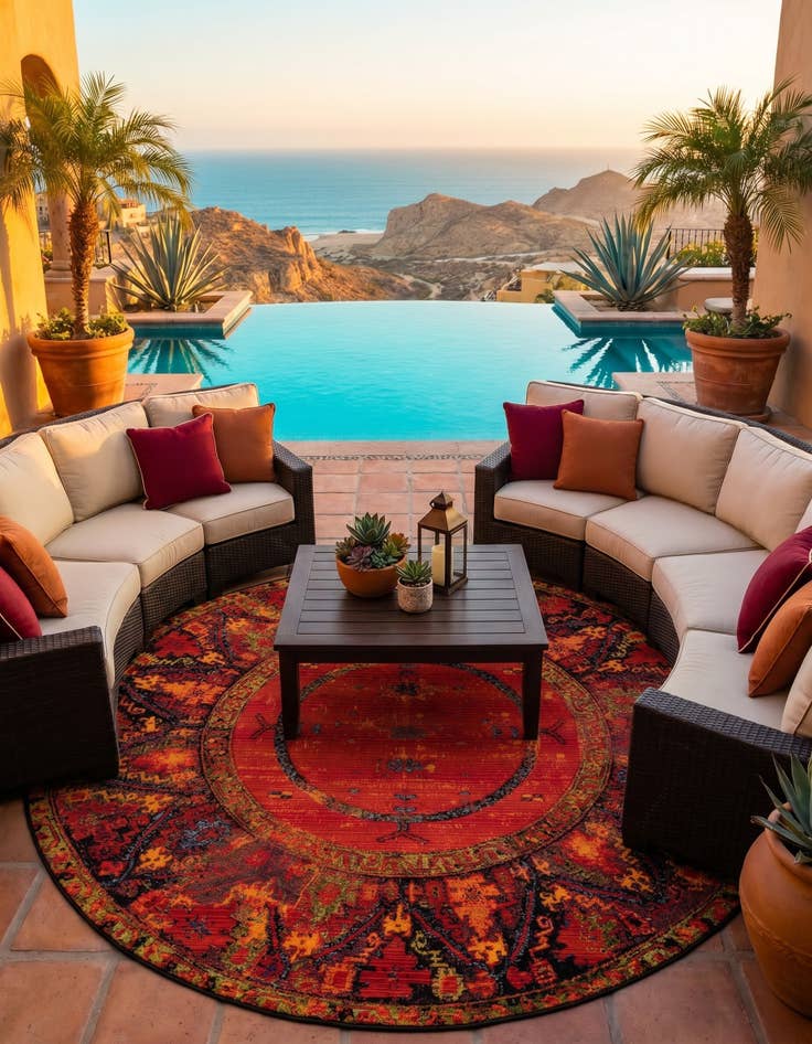 Detail image of 7' x 7' Easy-Clean Tribal Indoor / Outdoor Round Rug