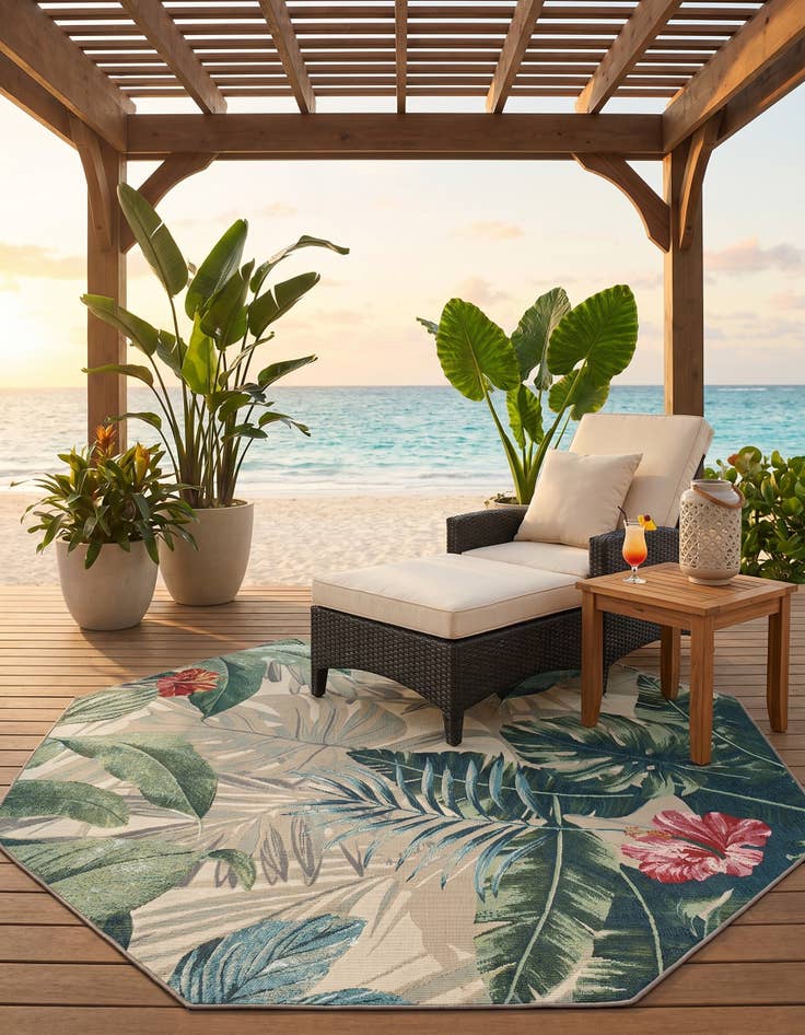 Detail image of 5' 3 x 5' 3 Easy-Clean Botanical Indoor / Outdoor Octagon Rug