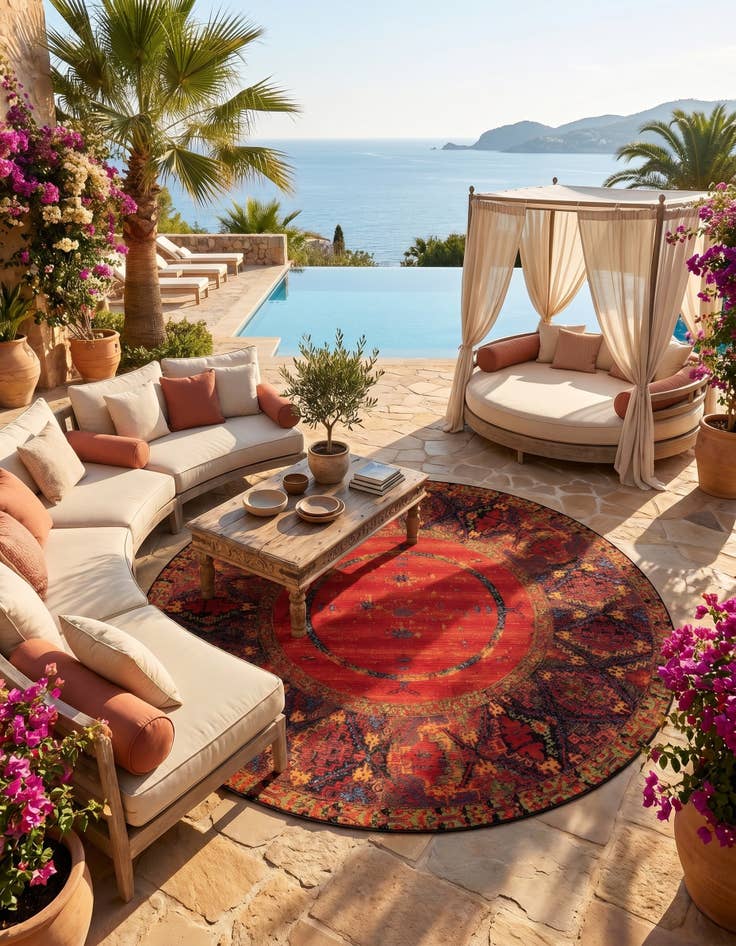 Detail image of 10' x 10' Easy-Clean Tribal Indoor / Outdoor Round Rug