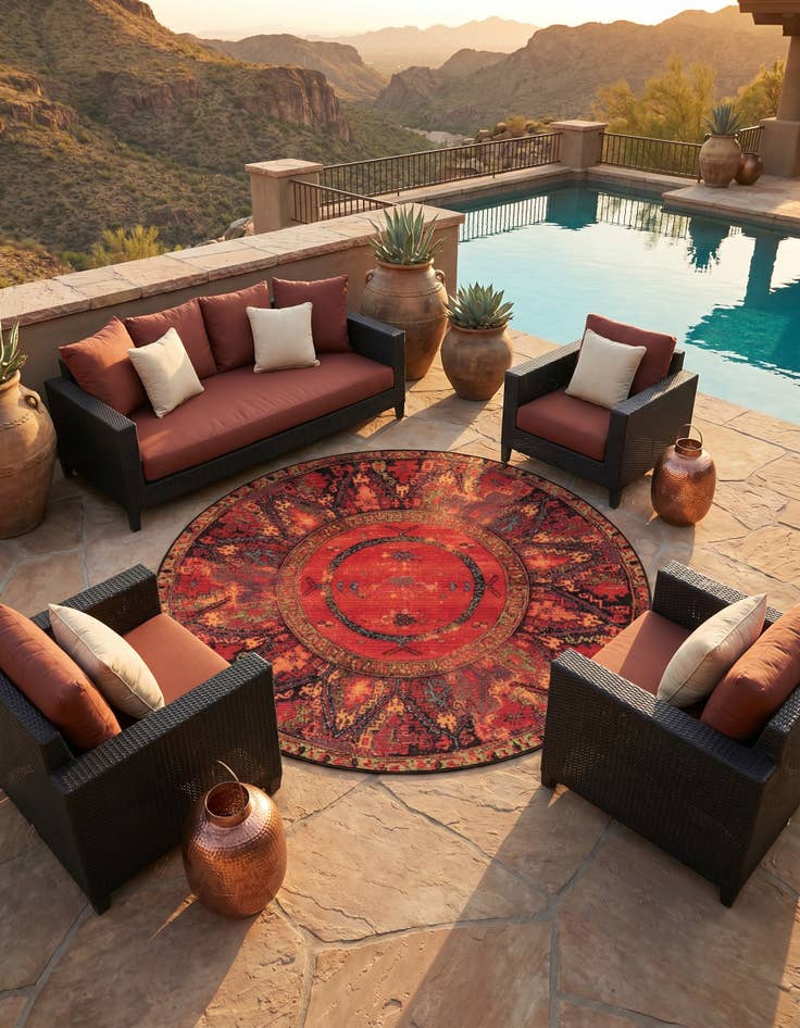Detail image of 5' x 5' Easy-Clean Tribal Indoor / Outdoor Round Rug