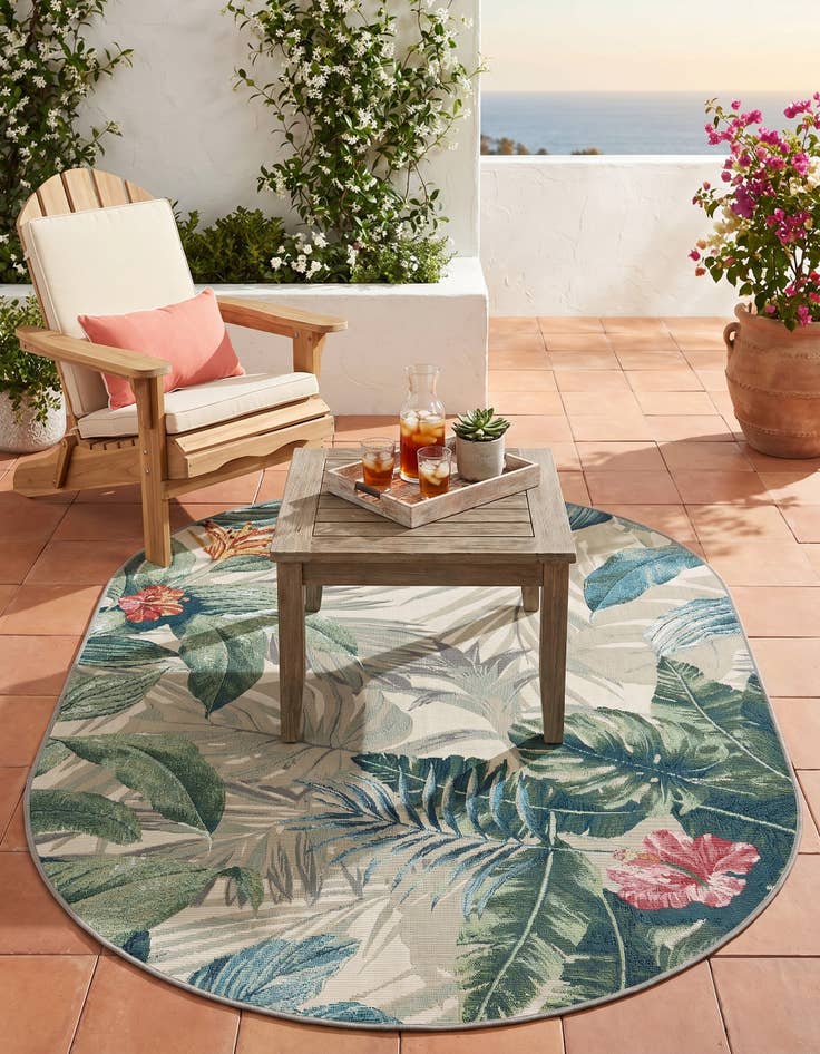 Detail image of 4' x 6' Easy-Clean Botanical Indoor / Outdoor Oval Rug