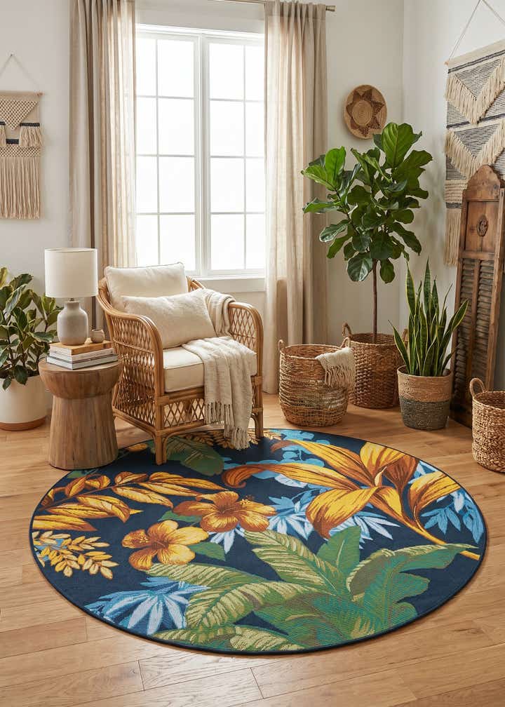5' x 5' Easy-Clean Botanical Indoor / Outdoor Round Rug