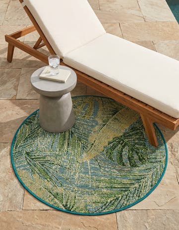 Green Blue Easy-Clean Botanical Indoor / Outdoor Round Rug