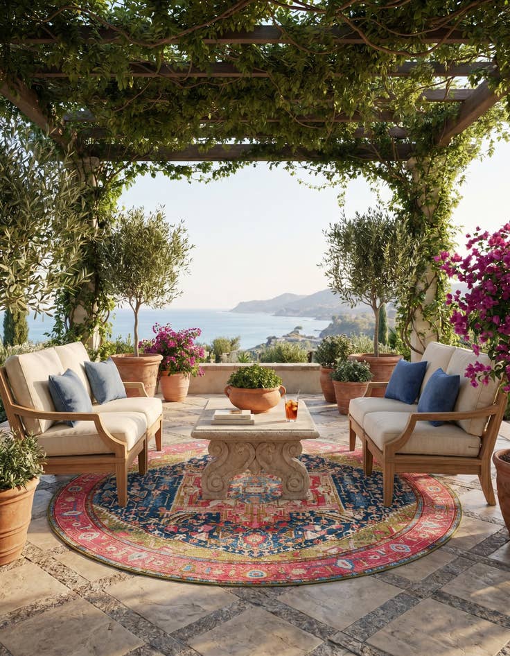 Detail image of 7' 10 x 7' 10 Easy-Clean Traditional Indoor / Outdoor Round Rug