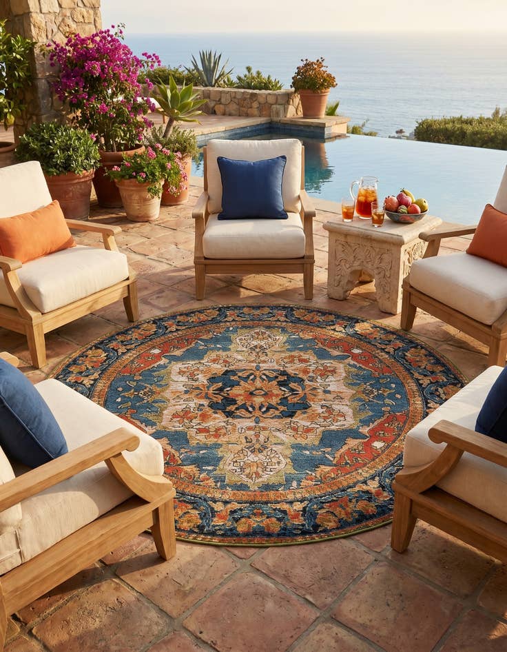 Detail image of 5' x 5' Easy-Clean Traditional Indoor / Outdoor Round Rug