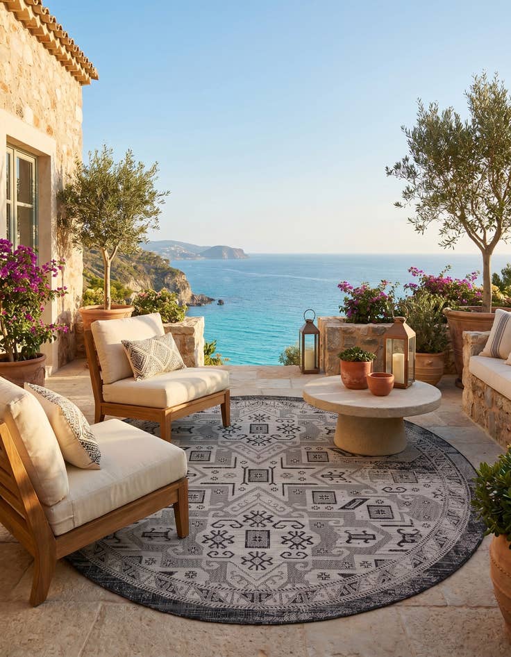 Detail image of 7' 10 x 7' 10 Easy-Clean Aztec Indoor / Outdoor Round Rug