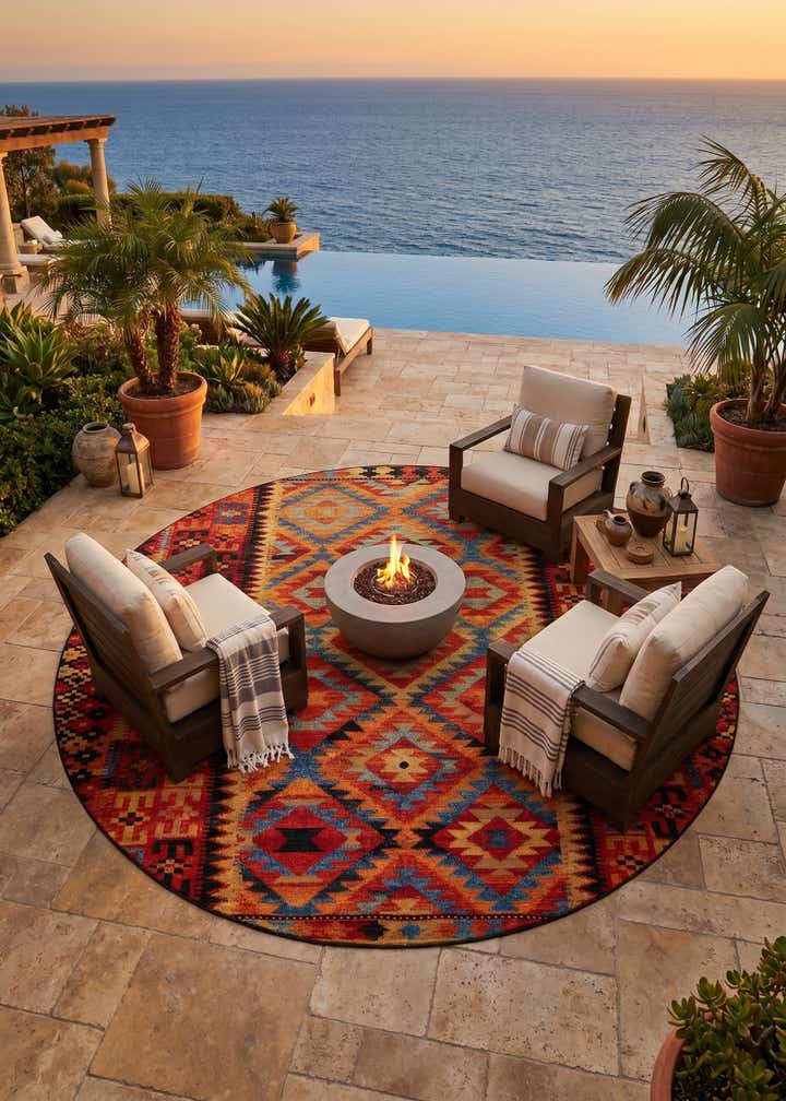 10' x 10' Easy-Clean Tribal Indoor / Outdoor Round Rug