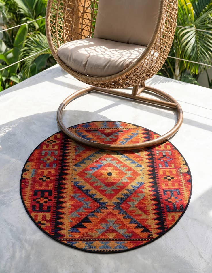 Detail image of 3' x 3' Easy-Clean Tribal Indoor / Outdoor Round Rug