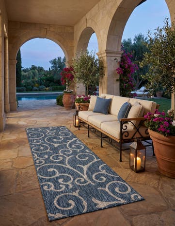 Blue Easy-Clean Botanical Indoor / Outdoor Runner Rug