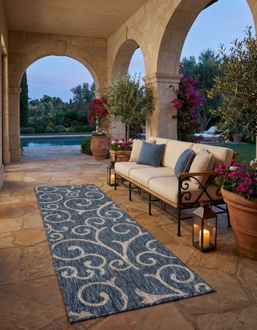 Blue Easy-Clean Botanical Indoor / Outdoor Runner Rug