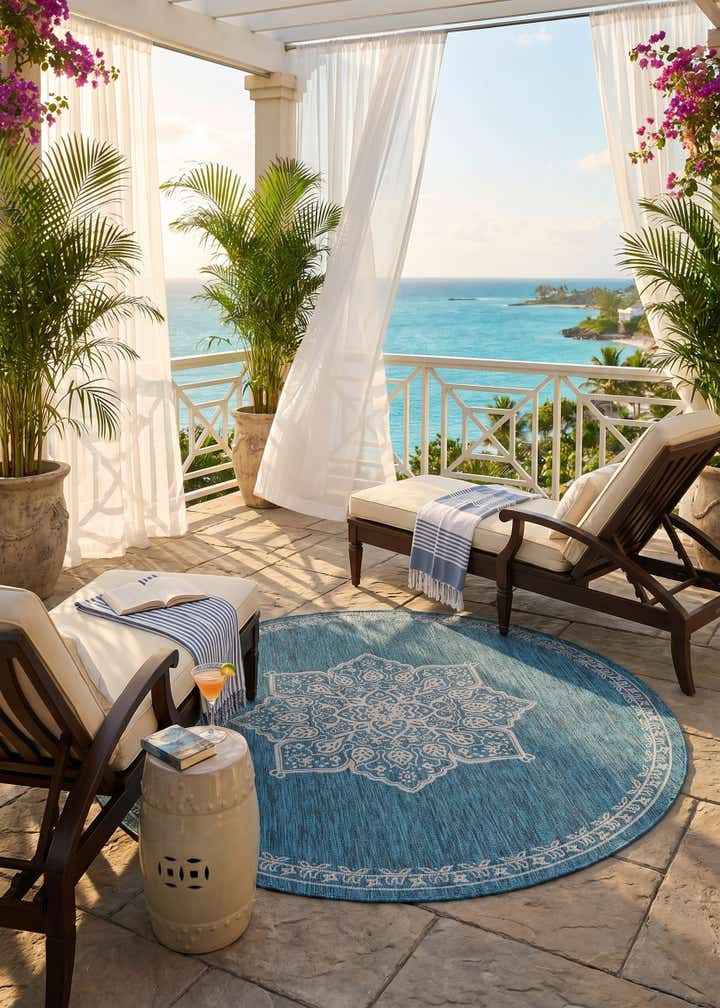 7' 10 x 7' 10 Easy-Clean Traditional Indoor / Outdoor Round Rug