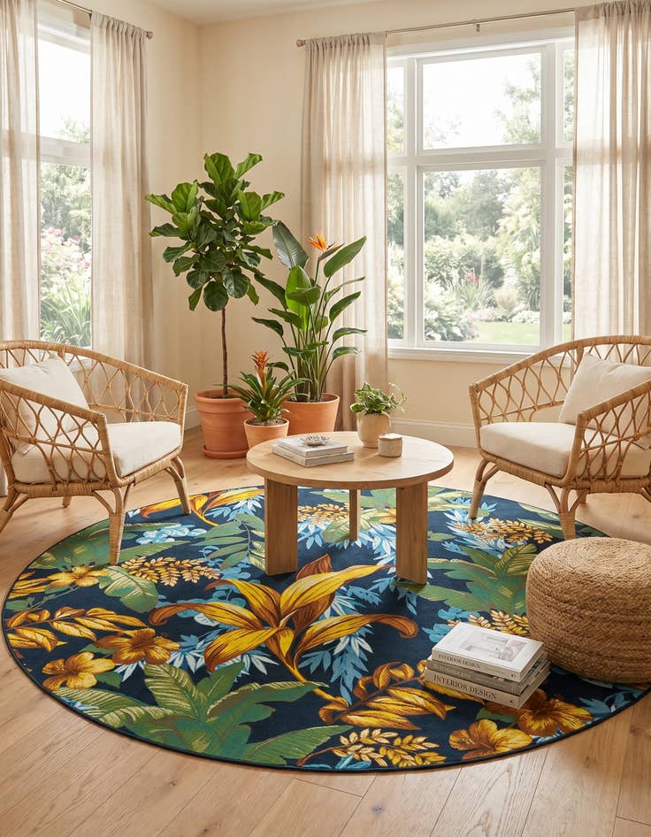 Detail image of 10' x 10' Easy-Clean Botanical Indoor / Outdoor Round Rug