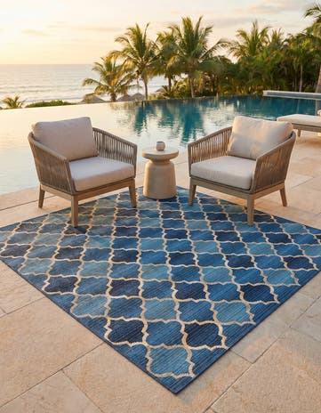 Blue Easy-Clean Trellis Indoor / Outdoor Square Rug