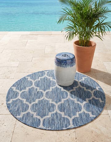 Navy Blue Easy-Clean Lattice Indoor / Outdoor Round Rug