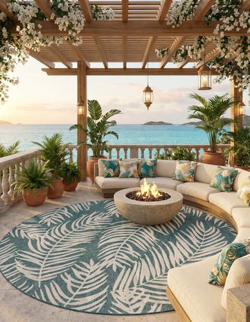 Teal Easy-Clean Botanical Indoor / Outdoor Round Rug