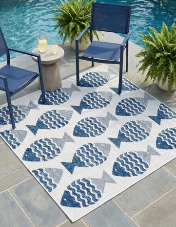 Navy Blue Easy-Clean Coastal Indoor / Outdoor Square Rug