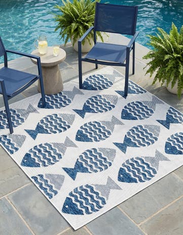 Navy Blue Easy-Clean Coastal Indoor / Outdoor Square Rug