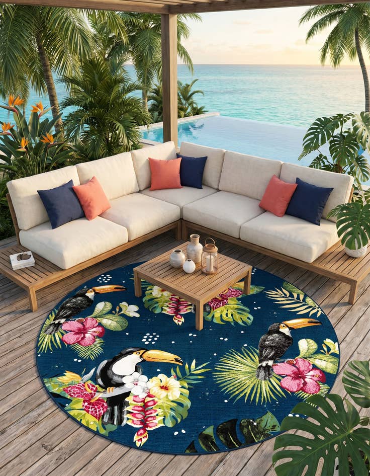 Detail image of 7' 10 x 7' 10 Easy-Clean Botanical Indoor / Outdoor Round Rug