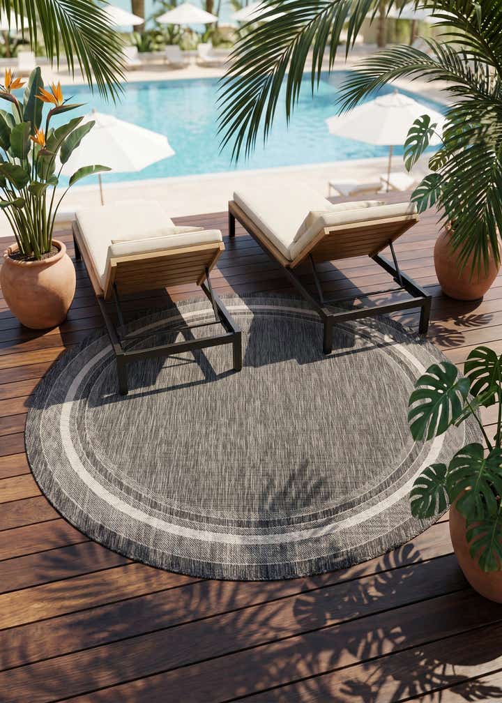 5' 3 x 5' 3 Easy-Clean Border Indoor / Outdoor Round Rug