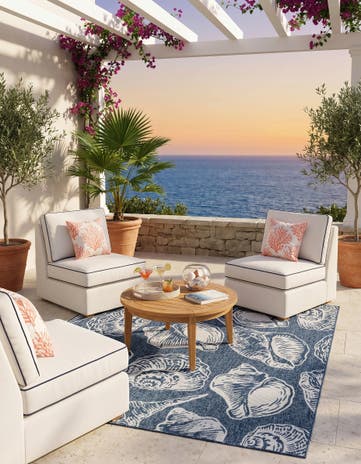 Navy Blue and Ivory Easy-Clean Coastal Indoor / Outdoor Square Rug