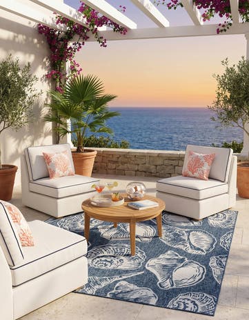 Navy Blue and Ivory Easy-Clean Coastal Indoor / Outdoor Square Rug