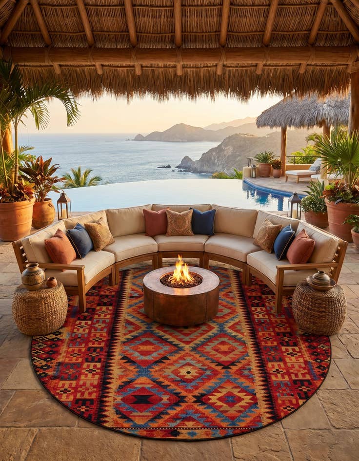Detail image of 10' x 10' Easy-Clean Tribal Indoor / Outdoor Round Rug