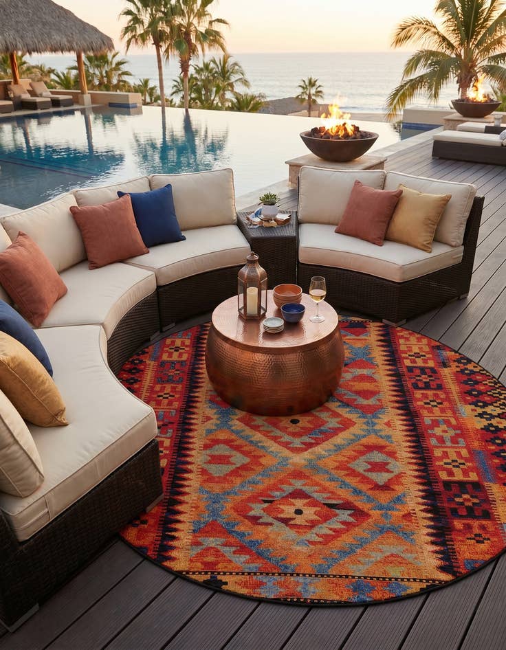 Detail image of 7' 10 x 7' 10 Easy-Clean Tribal Indoor / Outdoor Round Rug