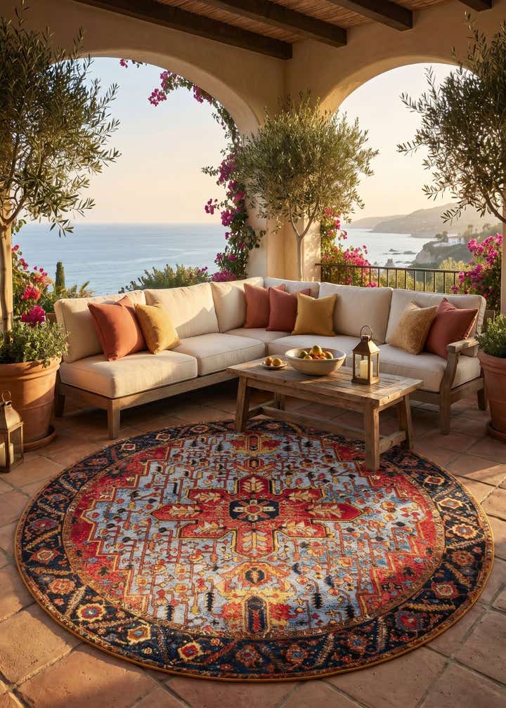 7' 10 x 7' 10 Easy-Clean Traditional Indoor / Outdoor Round Rug
