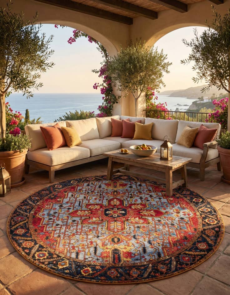 Detail image of 7' 10 x 7' 10 Easy-Clean Traditional Indoor / Outdoor Round Rug