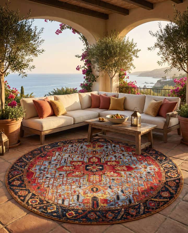 7' 10 x 7' 10 Easy-Clean Traditional Indoor / Outdoor Round Rug