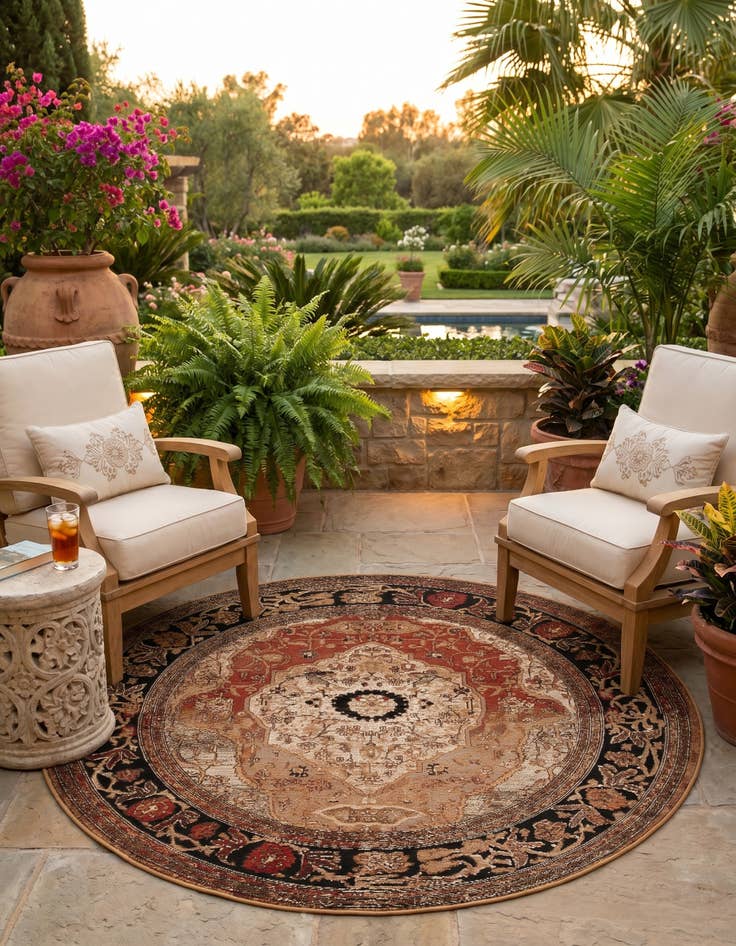 Detail image of 5' x 5' Easy-Clean Traditional Indoor / Outdoor Round Rug