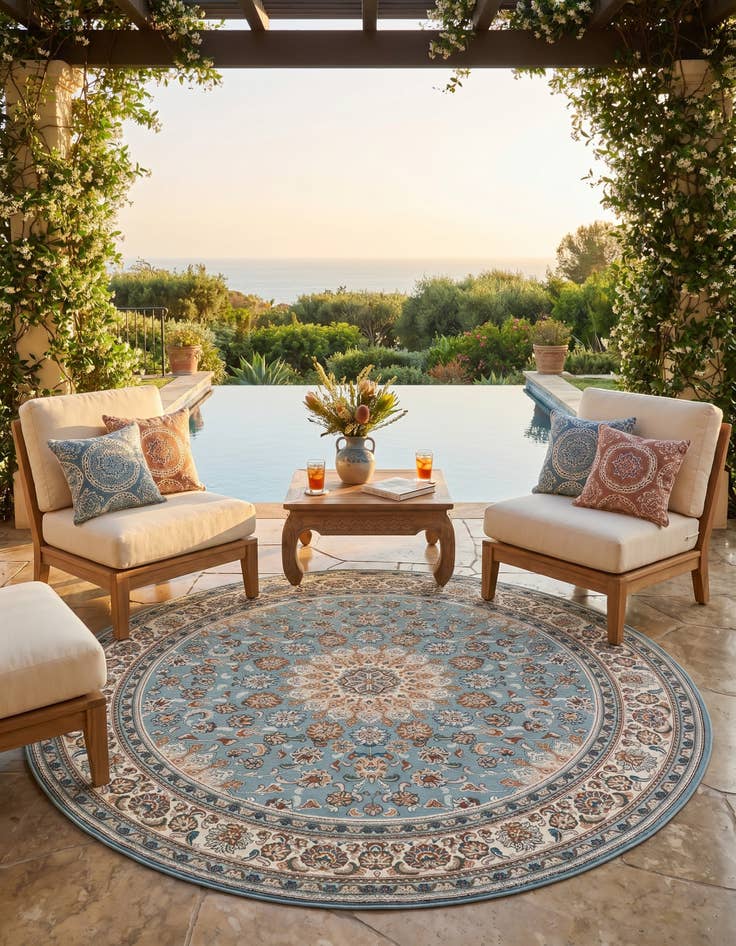 Detail image of 7' 10 x 7' 10 Easy-Clean Traditional Indoor / Outdoor Round Rug
