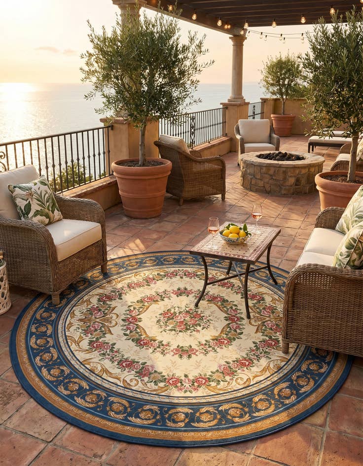 Detail image of 7' 10 x 7' 10 Easy-Clean Traditional Indoor / Outdoor Round Rug