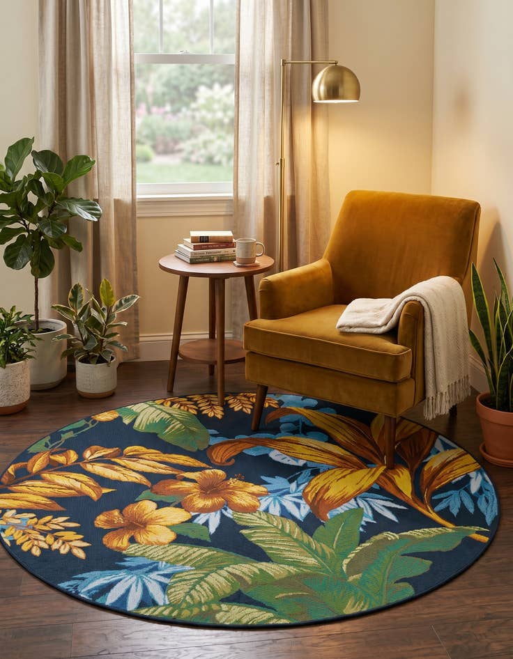 Detail image of 5' x 5' Easy-Clean Botanical Indoor / Outdoor Round Rug