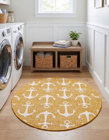 Yellow Easy-Clean Coastal Indoor / Outdoor Round Rug