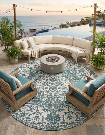 Teal Easy-Clean Jill Zarin Dubai Indoor / Outdoor Round Rug