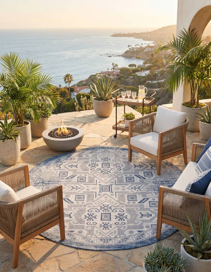Detail image of 7' 10 x 7' 10 Easy-Clean Aztec Indoor / Outdoor Round Rug