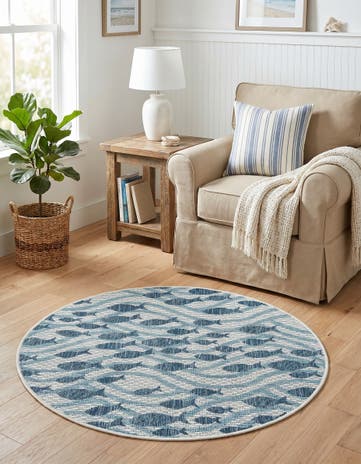 Blue Easy-Clean Coastal Indoor / Outdoor Round Rug
