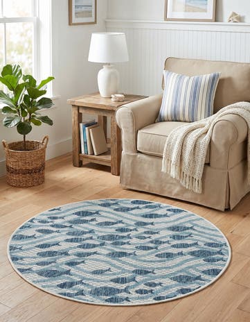 Blue Easy-Clean Coastal Indoor / Outdoor Round Rug