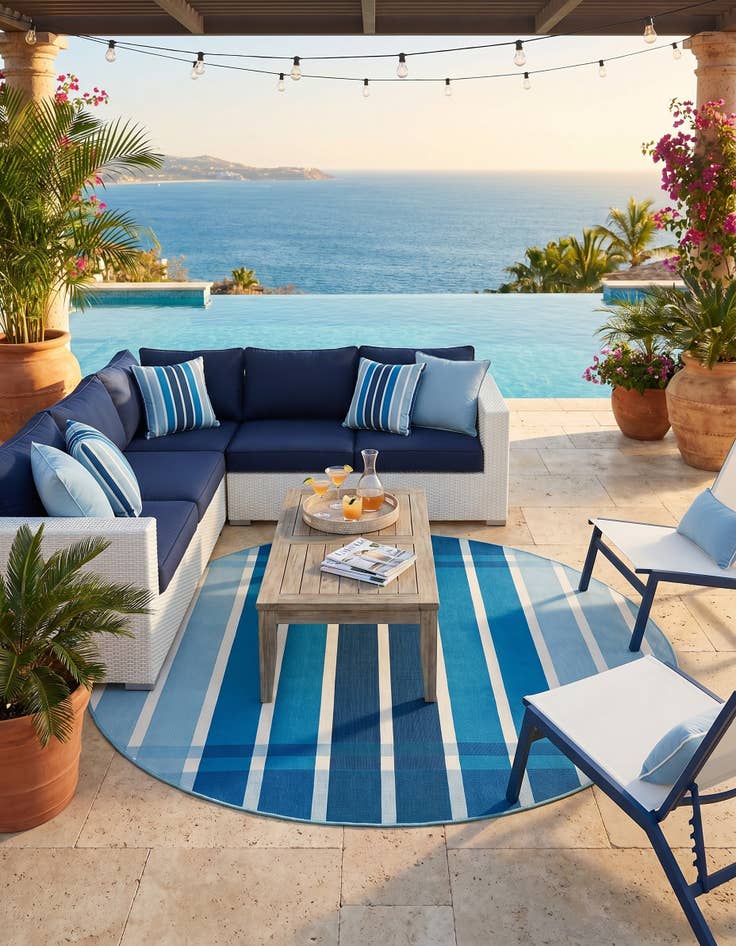 Detail image of 6' x 6' Easy-Clean Striped Indoor / Outdoor Round Rug