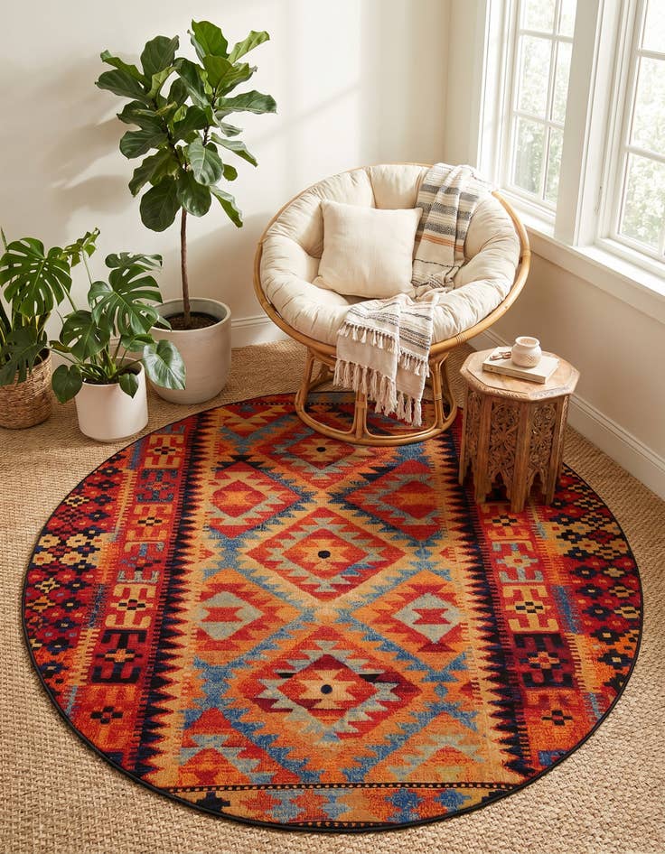 Detail image of 7' 10 x 7' 10 Easy-Clean Tribal Indoor / Outdoor Round Rug