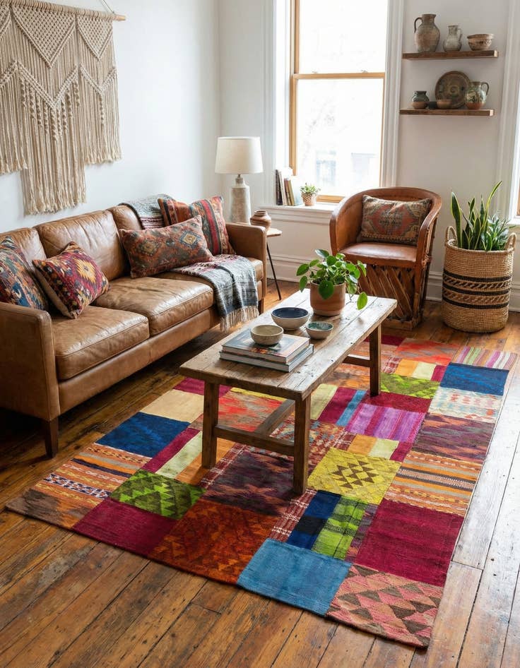 Detail image of 5' 8 x 8'  Hand Woven Kilim Patchwork Wool Rug