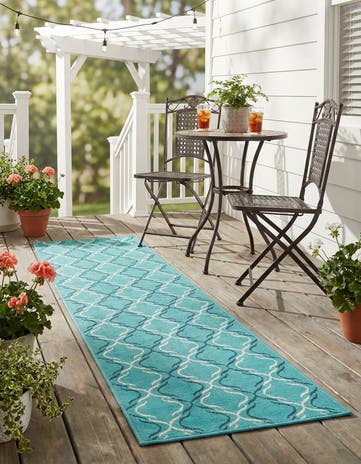 Teal Easy-Clean Lattice Indoor / Outdoor Runner Rug