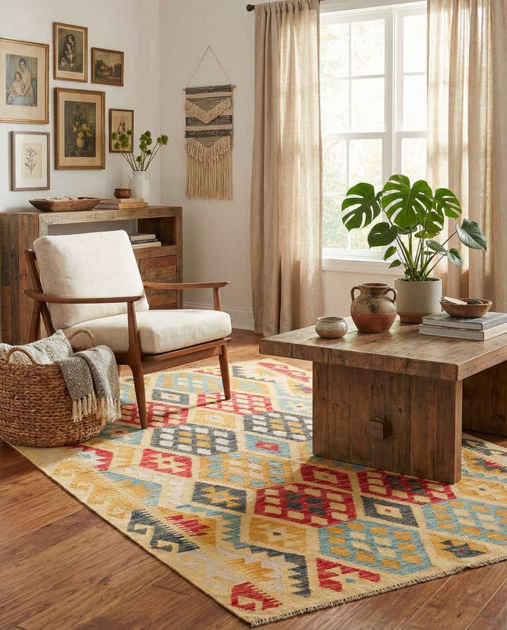 4' 2 x 5' 8 Hand Woven Kilim Maymana Wool Rug