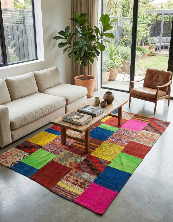 Detail image of 5' 6 x 8'  Hand Woven Kilim Patchwork Wool Rug