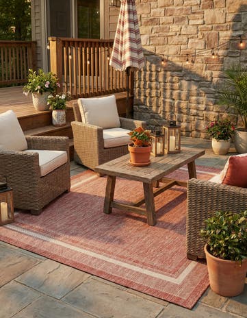 Rust Red Easy-Clean Border Indoor / Outdoor Square Rug