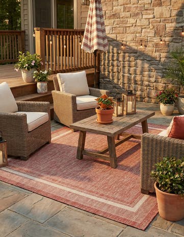 Rust Red Easy-Clean Border Indoor / Outdoor Square Rug